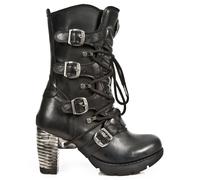 New Rock Boots TR003-S1 Ladies Metallic Black Leather Biker Heel Goth Punk Shoes Ankle Boots 41