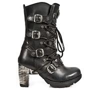 New Rock Boots TR003-S1 Ladies Metallic Black Leather Biker Heel Goth Punk Shoes Ankle Boots 37