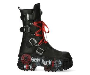 New Rock Boots WALL028B-C1 Unisex Metallic Black Leather Platform Gothic Boots - EU 37