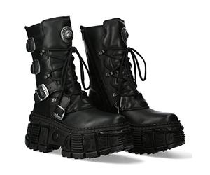 NEW ROCK Boots Women's Platform Buckles Zip Black Tank Metallic Collection Black Woman Boots M.WALL373-S5, Black/White, 7 UK