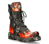 New Rock Flame Accented Black/Red Leather Boots- 591-S1 - Black - UK 4 | EU 37 | US 7