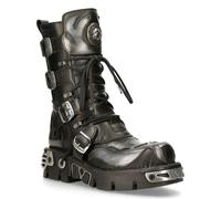 New Rock Flame Accented Black/Silver Leather Biker Boots- 107-S2 - Black - UK 5 | EU 38 | US 8