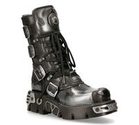 New Rock Flame Accented Black/Silver Leather Boots-591-S2 - Black - UK 6.5 | EU 40 | US 9