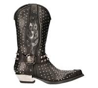 NEW ROCK M-7928-S1 WESTERN COWBOY BOOTS Black Leather Heavy Biker SILVER STUDS