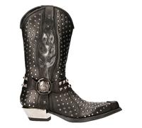 NEW ROCK M-7928-S1 WESTERN COWBOY BOOTS Black Leather Heavy Biker SILVER STUDS