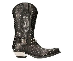 New Rock M-7928-S1 WESTERN COWBOY BOOTS Black Leather Heavy Biker SILVER STUDS 44