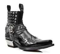 NEW ROCK M.7950-S1 Black Ankle Boots Western Goth Strap Skull Stud Metal