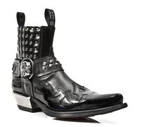 NEW ROCK M.7950-S1 Black Ankle Boots Western Goth Strap Skull Stud Metal