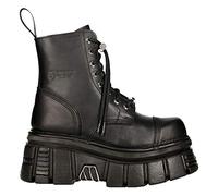 New Rock M-NEWMILI083-S21 Tower Combat Boots Black Leather Platform Biker Shoes - Black 9