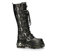 New Rock M272-S1 Metallic Black Goth Knee High Zip Leather Buckle Boots Punk Emo - EU 43