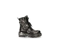 New Rock Mens 407-S1 Silver Cross Black Reactor Sole Leather Ankle Boots Gothic - Black Silver 38