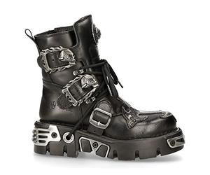 New Rock Mens 407-S1 Silver Cross Black Reactor Sole Leather Ankle Boots Gothic - Black Silver 42