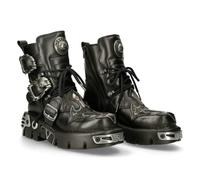 New Rock Mens 407-S1 Silver Cross Black Reactor Sole Leather Ankle Boots Gothic - Black Silver 38