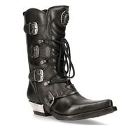 New Rock Mens Black Leather Cowboy Buckle Boots- M-7993-S1 - Size EU 44