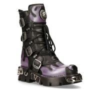 New Rock Mens Flame Accented Black/Purple Leather Biker Skull Boots- M-591-S5 - Size EU 41