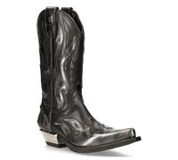 New Rock Mens Flame Accented Black/Silver Leather Biker Cowboy Boots- M-7921-S3 - Size EU 43