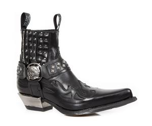 New Rock Mens Studded Black Leather Western Biker Boots-7950-S1 - Size EU 41