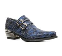 New Rock Mens Vintage Blue Floral Leather Buckle Shoes-7960-S7 - Size EU 42