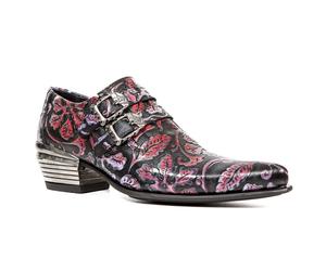 New Rock Mens Vintage Red Floral Leather Buckle Shoes-7960-S6 - Black - Size EU 40