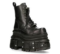 New Rock Unisex Metallic Black Leather Military Boots- MILI083CCT-C4 - Size EU 45