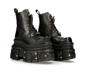 New Rock MILI083CCT-C4 Metallic Black Leather Military Boots Punk Goth Rock - EU 39