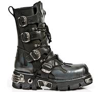 New Rock Newrock 591-S2 Silver Flame Metal Black Leather Heavy Punk Gothic Boots with Laces 8