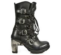 New Rock TR003-S1 womens Platform Heel Metal Rock Punk Laces Mid Boots Goth - black 36