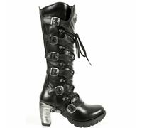 New Rock TR004-S1 Boots Ladies Black Leather Boots Buckle Lace Knee High Biker