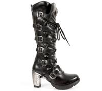 New Rock TR004-S1 Ladies Black 100% Leather Buckle Lace Knee High Biker Boots