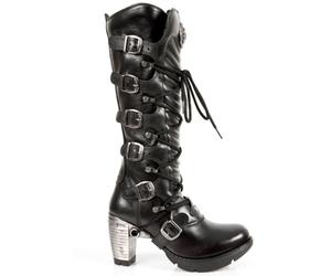 New Rock TR004-S1 Ladies Black 100% Leather Buckle Lace Knee High Biker Boots