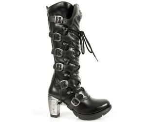New Rock TR004-S1 Ladies Black 100% Leather Buckle Lace Knee High Biker Boots - EU 36