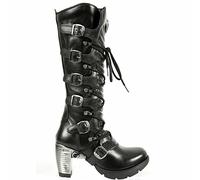New Rock TR004-S1 Ladies Black Leather Buckle Lace Knee High Heeled Goth Punk Fashion Zip Boot
