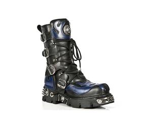 New Rock Unisex 107-C5 Black Blue Metallic Skull Devil Goth Punk Leather Calf Boots 12