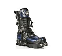 New Rock Unisex 107-C5 Black Blue Metallic Skull Devil Goth Punk Leather Calf Boots 8