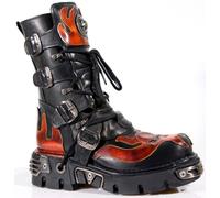 New Rock Unisex Flame Accented Black/Red Leather Biker Skull Boots- 107-S1 - Size EU 43
