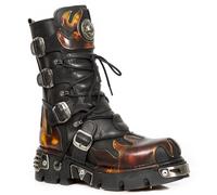 New Rock Unisex Flame Accented Black/Red Leather Boots- 591-S1 - Size EU 41