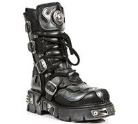 New Rock Unisex Flame Accented Black/Silver Leather Biker Boots- 107-S2 - Size EU 38