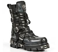 New Rock Unisex Flame Accented Black/Silver Leather Boots-591-S2 - Size EU 46