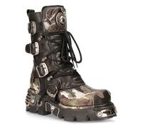 New Rock Unisex Flame Accented Camouflage Leather Biker Boots- M-591-S15 - Black - Size EU 43