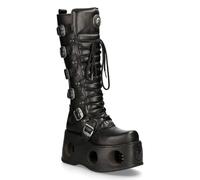 New Rock Unisex M-272-S2 Neptuno Metallic Knee High Black Leather Gothic Boots - Size EU 36