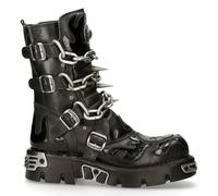 New Rock Unisex M.727-S1 Boots Black Leather Skull Chain Flame Reactor