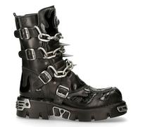 New Rock Unisex M.727-S1 Boots Black Leather Skull Chain Flame Reactor