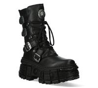 New Rock Unisex Mid-Calf Leather Goth Boots-WALL373-S5 - Black - Size EU 44
