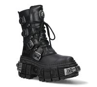 New Rock Unisex Mid-Calf Leather Platform Boots-WALL373-S3 - Black - Size EU 46