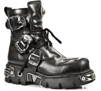 New Rock Unisex Silver Cross Black Leather Biker Boots-407-S1 - Size EU 40