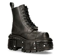 New Rock Unisex TANK083-C1 Real Leather Combat Black Platform Biker Military Shoe Boots 11