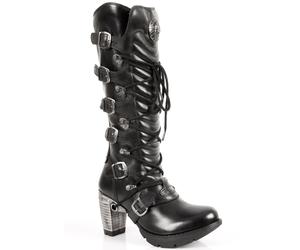 New Rock Womens Ladies Black Buckle Laced Knee-High Boots- TR004-S1 material_real_leather - Size EU 40