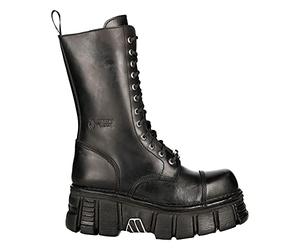 New RockM-MILI211C-C1 Unisex Metallic Black 100% Leather Techno Biker Boots - Black 46