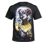 New Rose Skull T-Shirt,Tattoo Rock Metal Biker Goth Mexican Sugar Skull Day of The Dead Top (S)