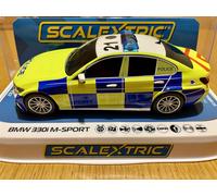 Scalextric BMW 330i M-Sport Police Car 1:32 Slot Race Car C4165, Yellow, Blue & White